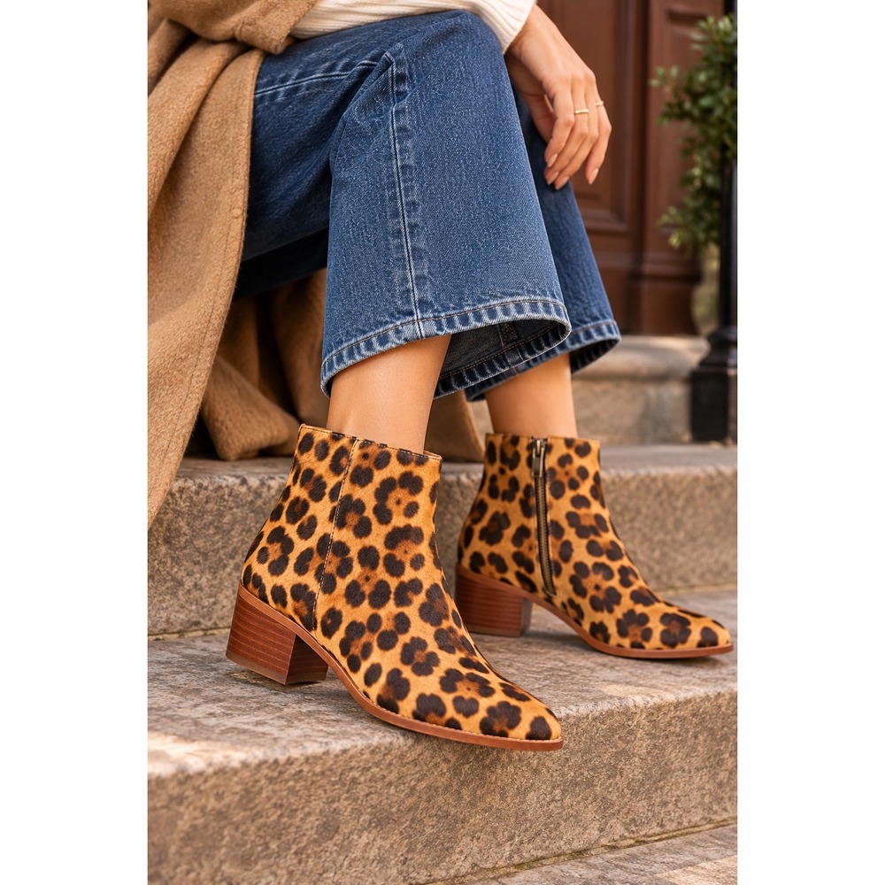 J. Crew Factory Walker Leopard Calf Hair Ankle Boots 6.5 Leather Block Heel